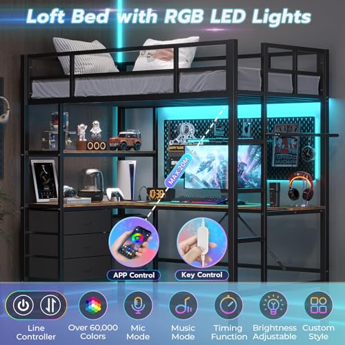 Loft Bed Full Size with L-Shaped Desk and Charging Station G796