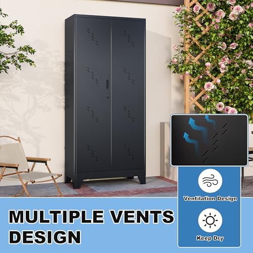 Metal Storage Cabinet with Lock and Hanging Rods for Brooms and Mops T350776