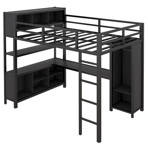Metal Loft Bed with Wardrobe and L-Shaped Desk, Full Size with Storage Cubes and Shelves J450846
