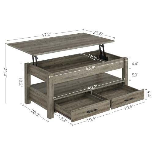 Lift Top Coffee Table with Drawers and Hidden Compartment, Wooden Retro Design for Living Room N4328
