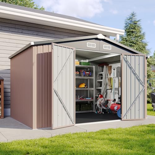 Galvanized Steel Storage Shed with Triple Doors, Weatherproof Outdoor Utility Shed P600721