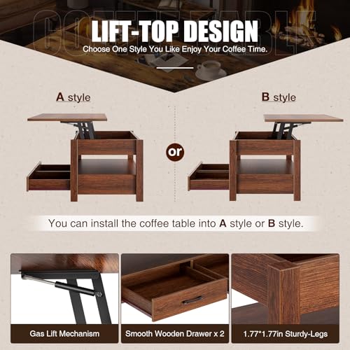 Lift Top Coffee Table with Drawers and Hidden Compartment, Wooden Retro Design for Living Room N4328