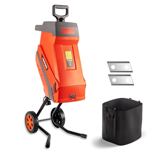 PROYAMA 15 - Amp Electric Wood Chipper, Corded Shredder with Collection Bag and Push Stick, Double Sided Blade System, Auto Shut - Off, 1.7 Inch Cutting Capacity for Leaves, Grass, Clippings