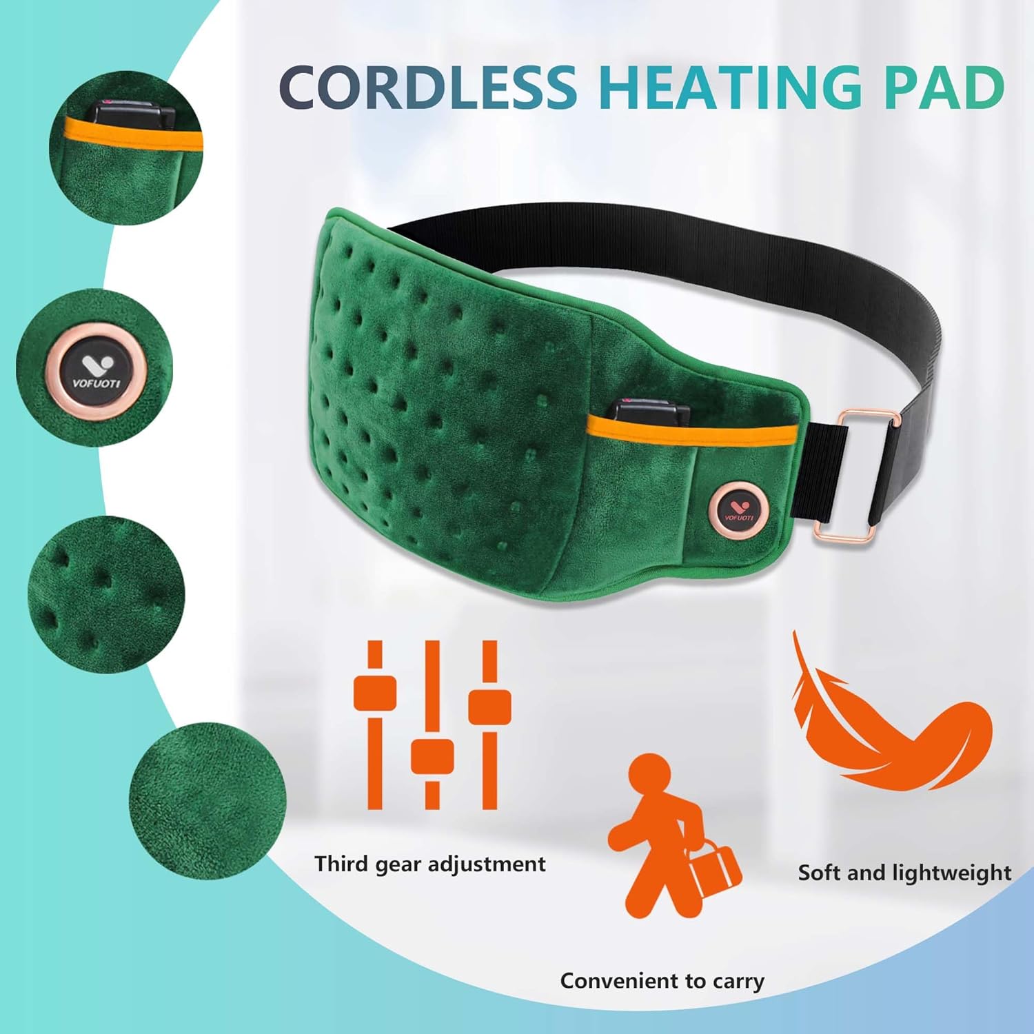 Cordless Heating Pad with Battery, 3 Heat Settings for Back Pain Relief D439