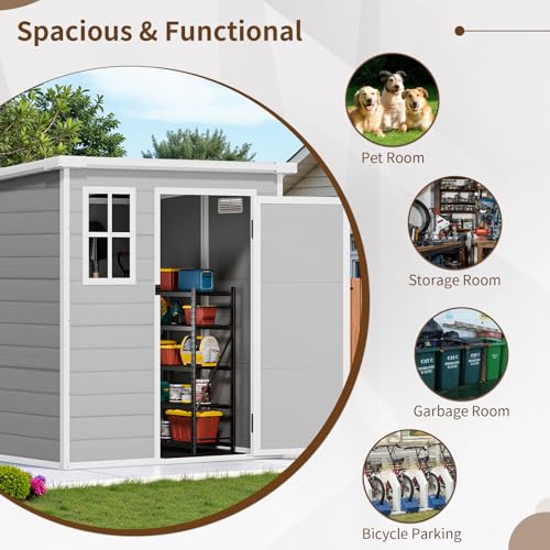 Resin Outdoor Storage Shed with Floor and Window, Lockable Small Tool Shed for Garden Patio Backyard, Light Gray V985