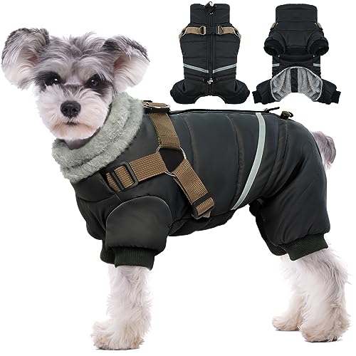 Black Dog Winter Coat with Harness, Reflective Waterproof Jacket for Small Dogs O43201