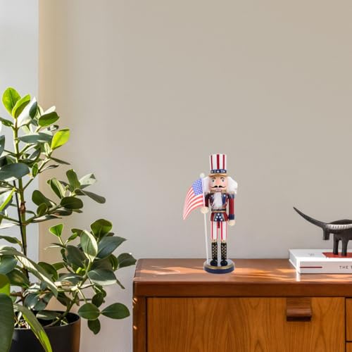 Patriotic Nutcracker Figurines Wooden Soldier Statue with Cane for Independence Day Decoration C859373