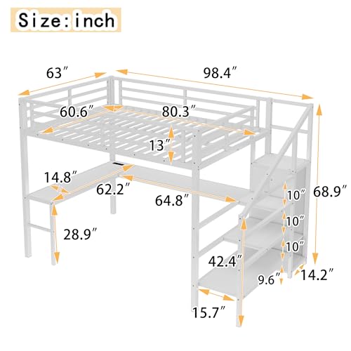 Queen Size Loft Bed with LED Lights, USB Ports and L Shaped Desk T2498
