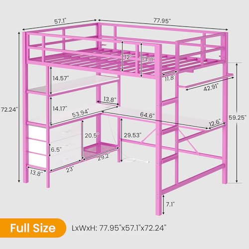 Loft Bed Full Size with L-Shaped Desk and Charging Station G796