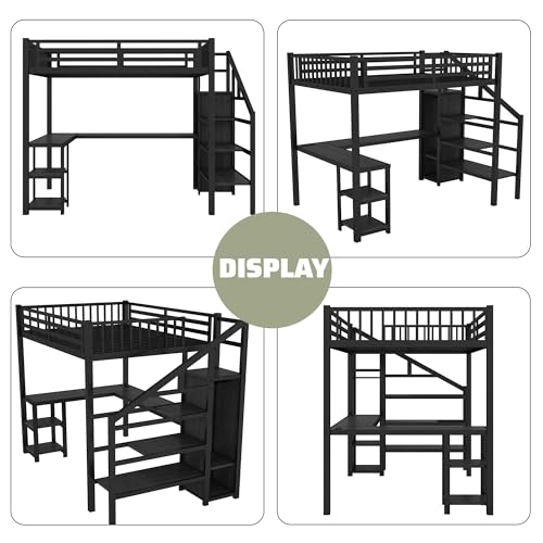 Queen Loft Bed with L-Shaped Desk and Stairs, Metal Frame, Black F92113