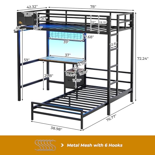 Twin Over Twin Bunk Bed with Desk, Charging Station and LED Lights F705929