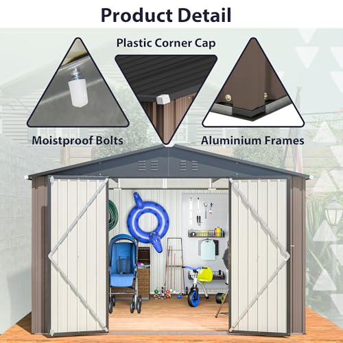 10x10 FT Outdoor Metal Storage Shed with Lockable Doors and Sloped Roof S888926