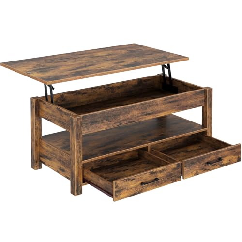 Lift Top Coffee Table with Drawers and Hidden Compartment, Wooden Retro Design for Living Room N4328
