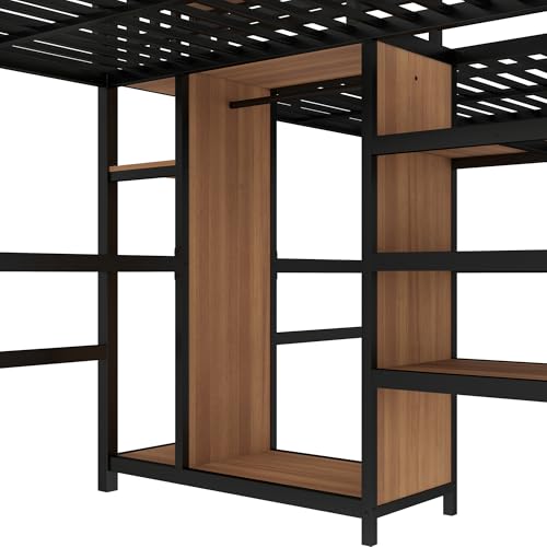 Metal Loft Bed with Wardrobe and L-Shaped Desk, Full Size with Storage Cubes and Shelves J450846
