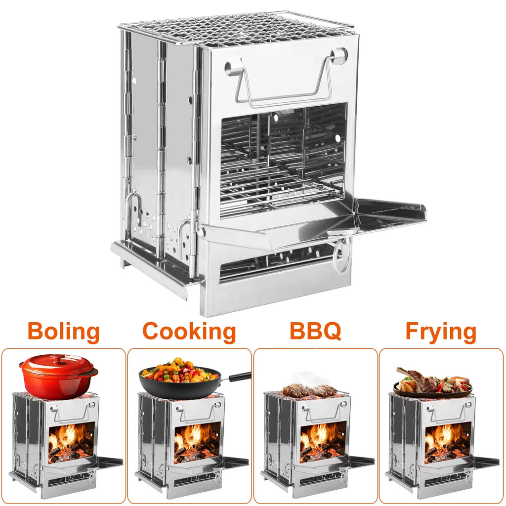 Folding Wood Burning Camp Stove, Portable Stainless Steel Backpacking Stove with Carry Bag V596178