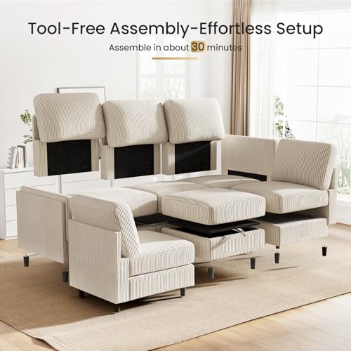 Modular Sectional Sofa Bed with Storage Ottoman, Beige S706