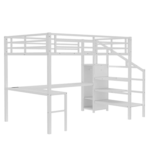 Queen Size Loft Bed with LED Lights, USB Ports and L Shaped Desk T2498