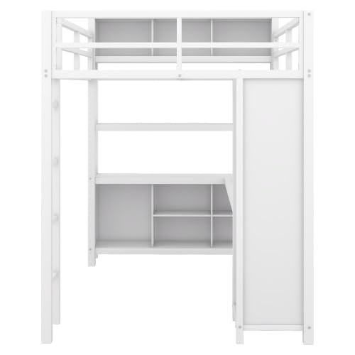 Full Size Loft Bed with Wardrobe and L-Shaped Desk, Metal with Storage Cubes, White Q15057