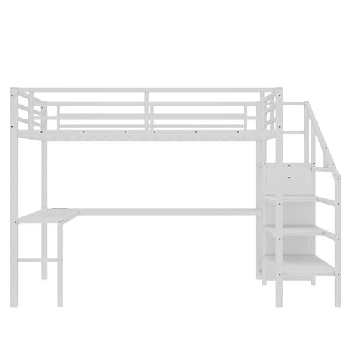 Queen Size Loft Bed with LED Lights, USB Ports and L Shaped Desk T2498