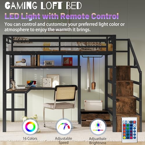 Queen Loft Bed with L-Shaped Desk and Stairs, Metal Frame, Black F92113