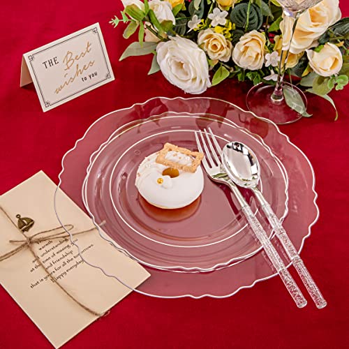 350PCS Clear Plastic Plates with Gold Trim for 50 Guests, Disposable Dinnerware Set O686017