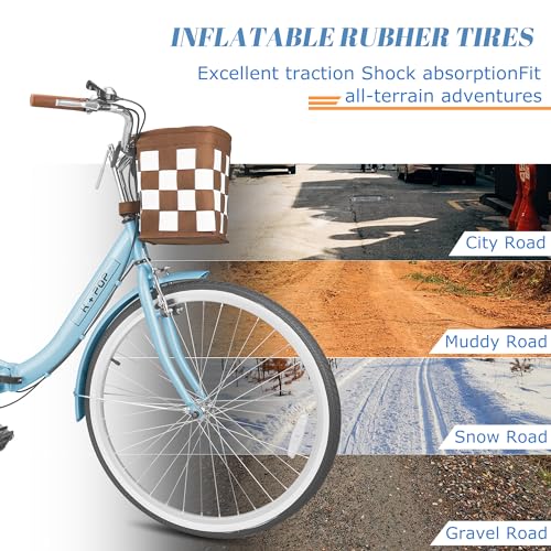 Foldable 26-Inch Beach Cruiser Bike with Front Basket, 7-Speed D209