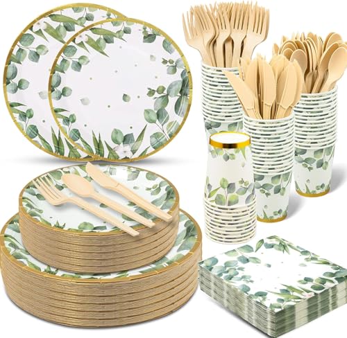 350 Pcs Sage Green Plates and Cups Sets, Disposable Paper Dinnerware for Boho Bridal Shower/Baby Shower Theme Party, Eucalyptus Supplies, Serves 50