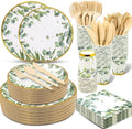 350 Pcs Sage Green Plates and Cups Sets, Disposable Paper Dinnerware for Boho Bridal Shower/Baby Shower Theme Party, Eucalyptus Supplies, Serves 50