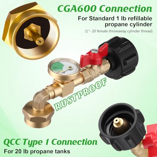Propane Refill Adapter for 1lb Tank with 3 Cylinder Stand, QCC1 to CGA600 Converter with Gauge and Valve C73992