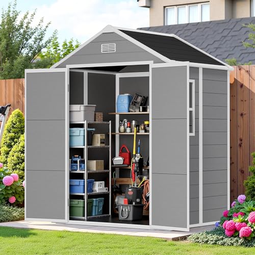 Resin Outdoor Storage Shed with Floor and Window, Lockable Small Tool Shed for Garden Patio Backyard, Light Gray V985