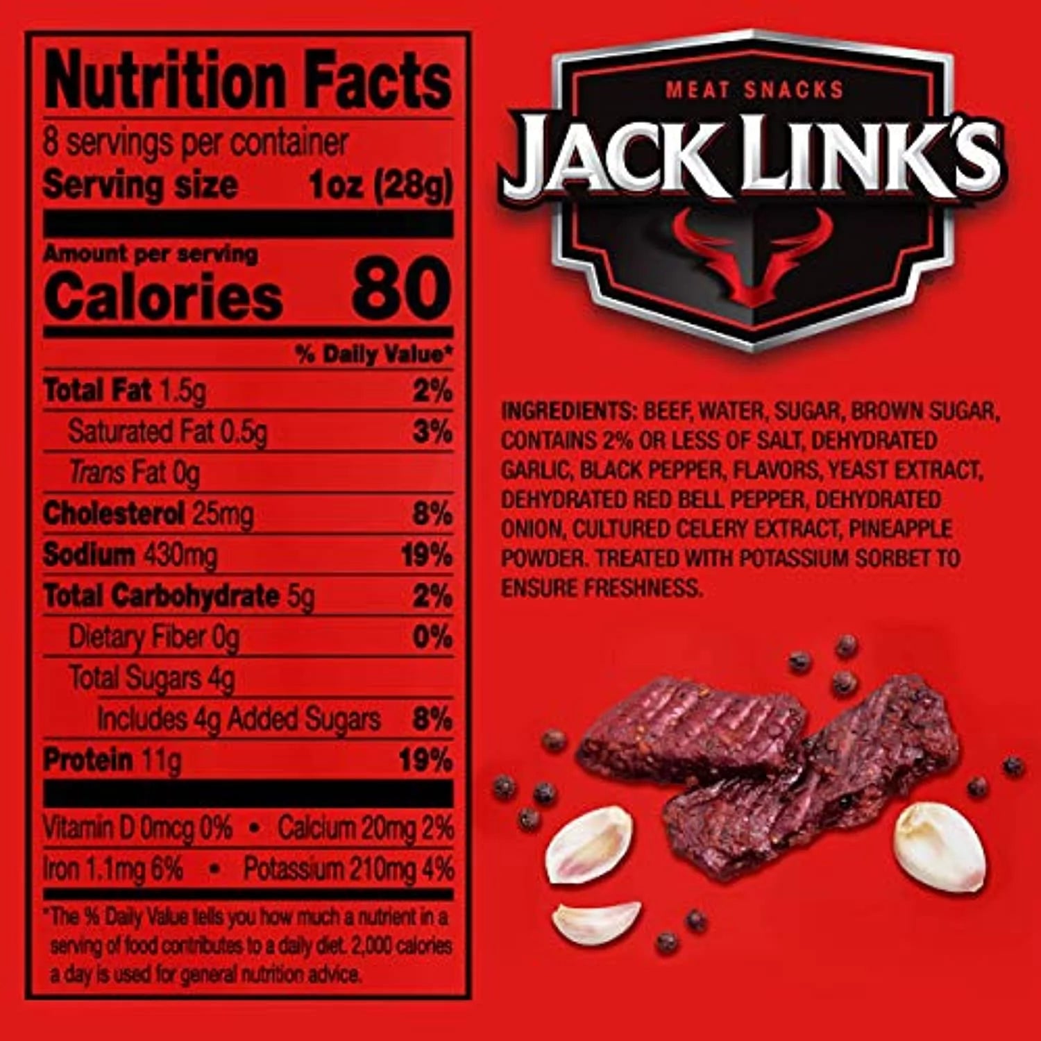 Beef Jerky Snack Bags, Cracked Pepper & Garlic, Thick Cut, 11g Protein, 8 oz (Pack of 2) I1789