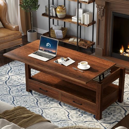 Lift Top Coffee Table with Drawers and Hidden Compartment, Wooden Retro Design for Living Room N4328