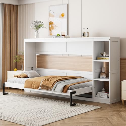 Full Size Horizontal Murphy Bed with Shelves, Foldable into Cabinet W154373