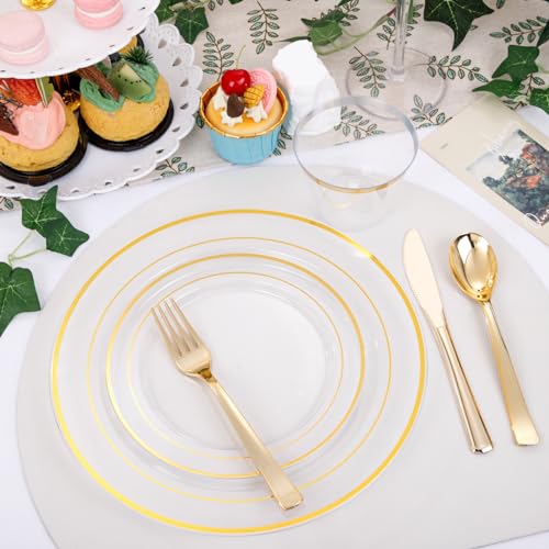 350PCS Clear Gold Plastic Dinnerware Set for 50 Guests, Disposable Plates, Cups & Silverware N692