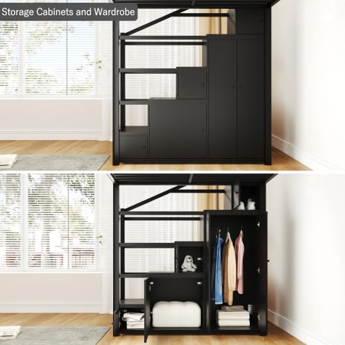 Full Size Loft Bed with Wardrobe and L-Shaped Desk, Metal with Storage Cubes, White Q15057