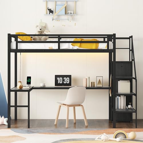 Metal Loft Bed with Wardrobe and L-Shaped Desk, Full Size with Storage Cubes and Shelves J450846