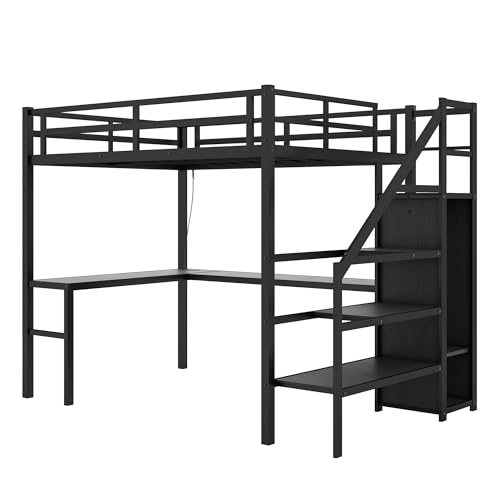 Metal Loft Bed with Wardrobe and L-Shaped Desk, Full Size with Storage Cubes and Shelves J450846