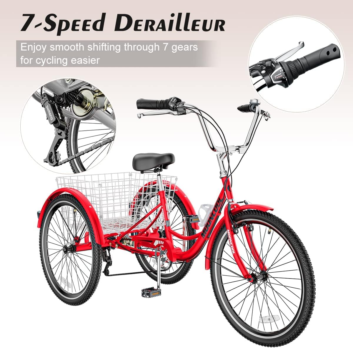 Adult Tricycle 7 Speed 3 Wheel Bike with Basket for Seniors D28646