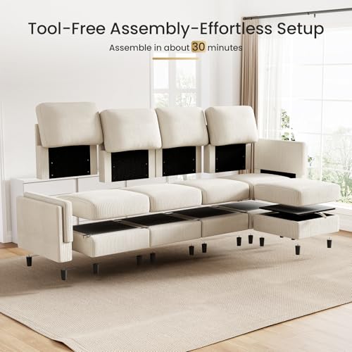 Modular Sectional Sofa Bed with Storage Ottoman, Beige S706