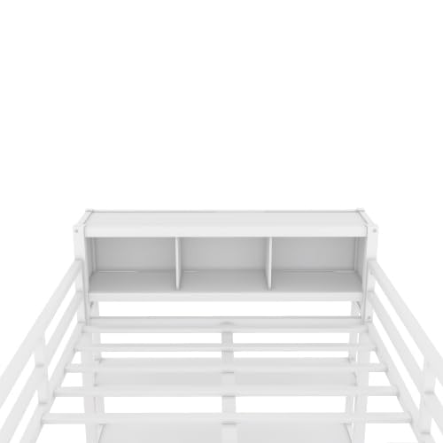 Full Size Loft Bed with Wardrobe and L-Shaped Desk, Metal with Storage Cubes, White Q15057