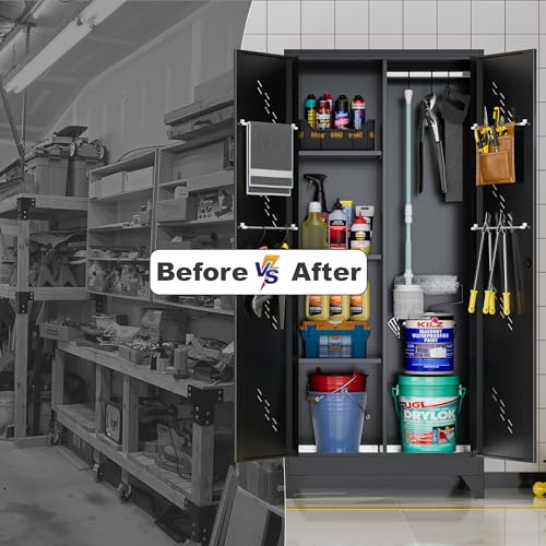 Metal Storage Cabinet with Lock and Hanging Rods for Brooms and Mops T350776