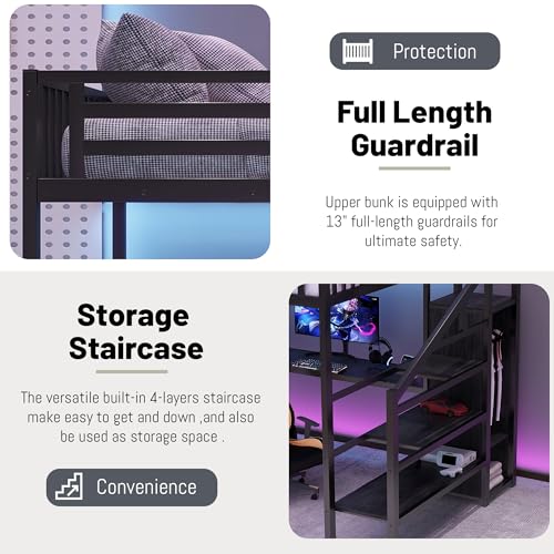Queen Loft Bed with L-Shaped Desk and Stairs, Metal Frame, Black F92113
