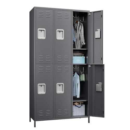 6 Door Metal Storage Locker with 18 Hooks, Black & Dark Grey K6611