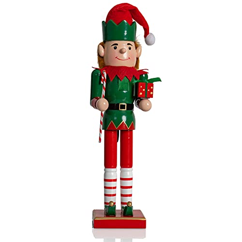 Ornativity Christmas Elf Holiday Nutcracker – Red and Green Wooden Elf with Candy Cane and Gift Box Xmas Themed Holiday Nut Cracker Figure Decorations 15"