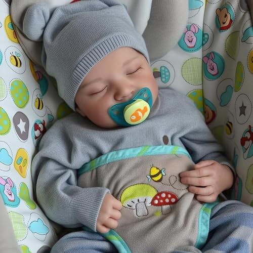 JIZHI Lifelike Reborn Baby Dolls Silicone Full Body - 17 Inch Realistic Newborn Baby Doll Real Life Realistic Baby Dolls Poseable Body Sleeping Baby Boy with Feeding Kit for Children 3+