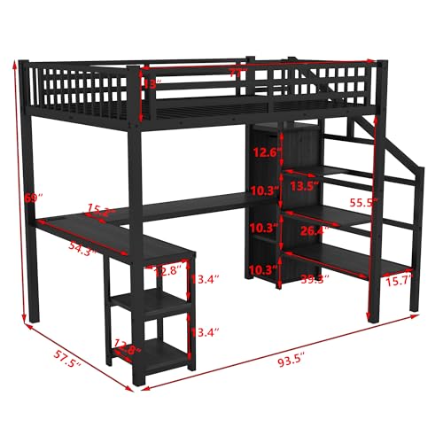 Full Size Metal Loft Bed with L-Shaped Desk and USB Port, Heavy Duty Frame with Wardrobe and Shelf I76318