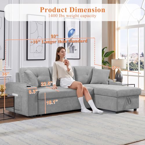 Reversible Sectional Sofa Bed with Storage Chaise, Linen Fabric, Light Gray B49418