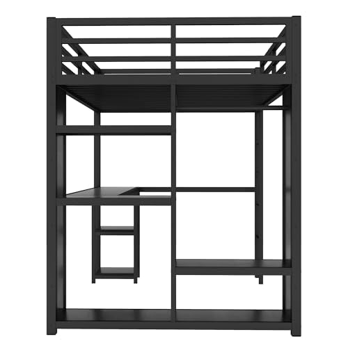 Metal Loft Bed with Wardrobe and L-Shaped Desk, Full Size with Storage Cubes and Shelves J450846