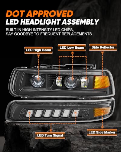 LED Headlights Assembly with Sequential Turn Signal for 1999-2006 Chevy Silverado Suburban Tahoe H92291
