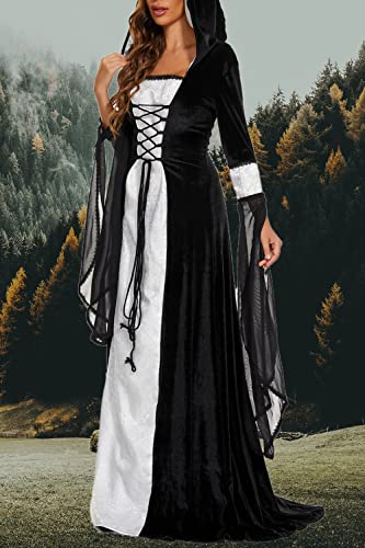 Medieval Victorian Dress for Women, Vintage Witch Halloween Costume with Hood W9109